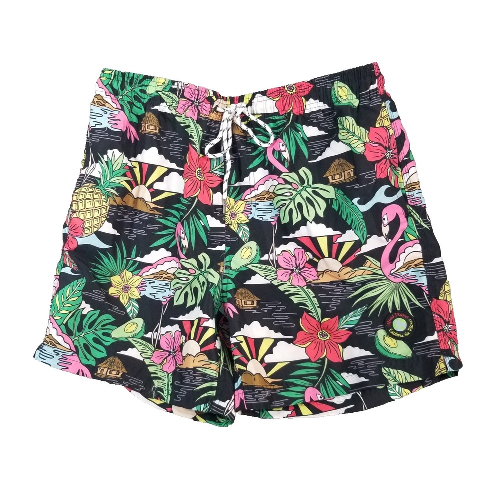 Island Planet swim shorts men's large‎ black tropical flamingos outdoor beach